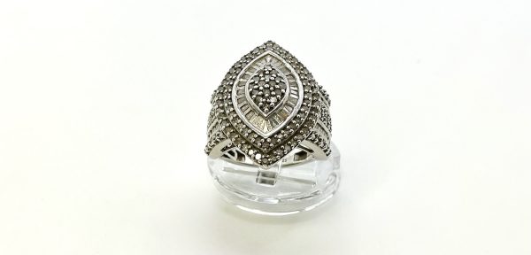 Sterling Silver Diamond Cocktail Ring – Size O, 7.6g – Marquise Cluster Statement Ring - Image 3