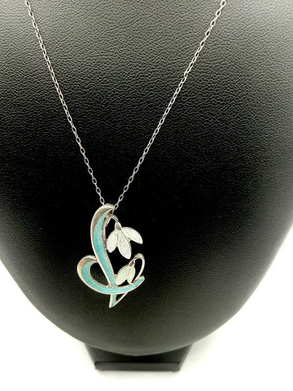 Sterling Silver Snowdrop Necklace with Turquoise Enamel – 18” Artisan Floral Pendant - Image 7