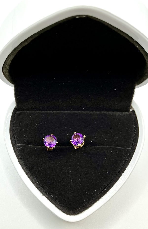 Gold Amethyst Stud Earrings – Elegant Purple Gemstone Earrings, 1.2 - Image 2