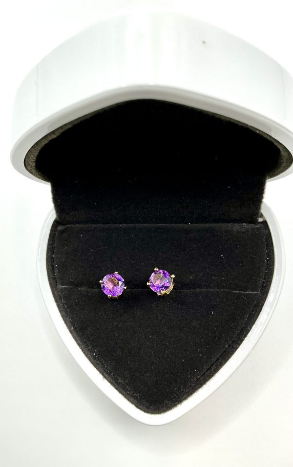 Gold Amethyst Stud Earrings – Elegant Purple Gemstone Earrings, 1.2 - Image 4
