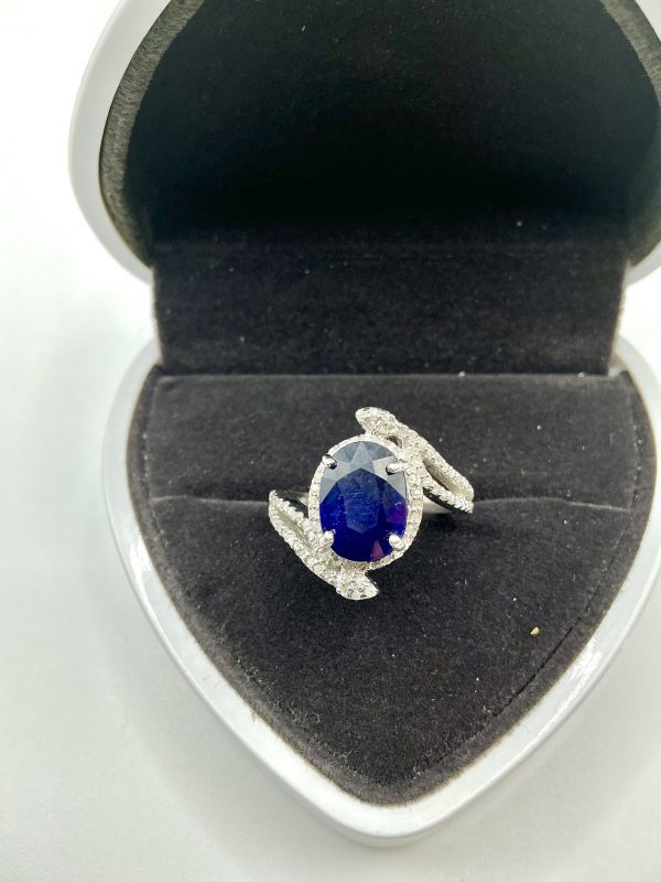 Luxury Sterling Silver Sapphire & Diamond Halo Statement Ring – Size N/O, 5.5g - Image 3