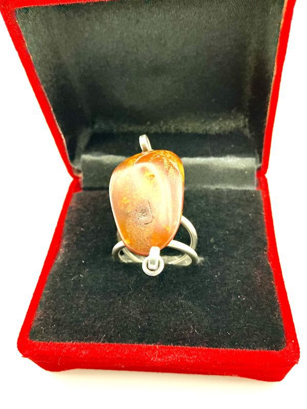 Sterling Silver Natural Amber Statement Ring – Size M/N, 7.5g | Artisan Baltic Amber Jewelry - Image 6