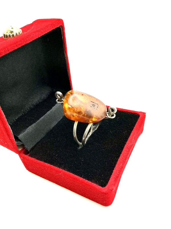 Sterling Silver Natural Amber Statement Ring – Size M/N, 7.5g | Artisan Baltic Amber Jewelry - Image 4