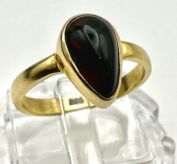 Gold-Plated Sterling Silver Black Opal Ring | Pear-Shaped Natural Opal | Size K, 2g - Image 3