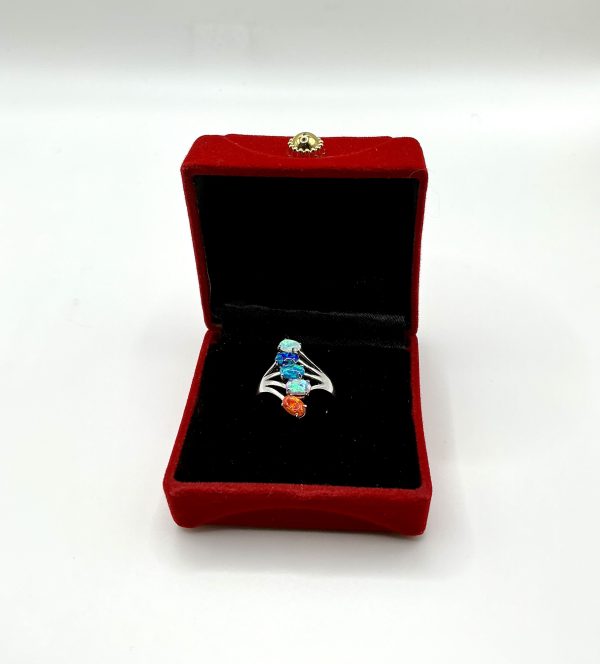 Luxury 925 Silver Rainbow Opal Ring – Five-Stone Fire & Ocean Opals – Size N/O - Image 3