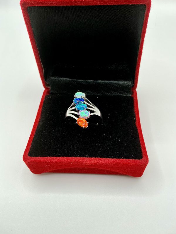Luxury 925 Silver Rainbow Opal Ring – Five-Stone Fire & Ocean Opals – Size N/O - Image 4