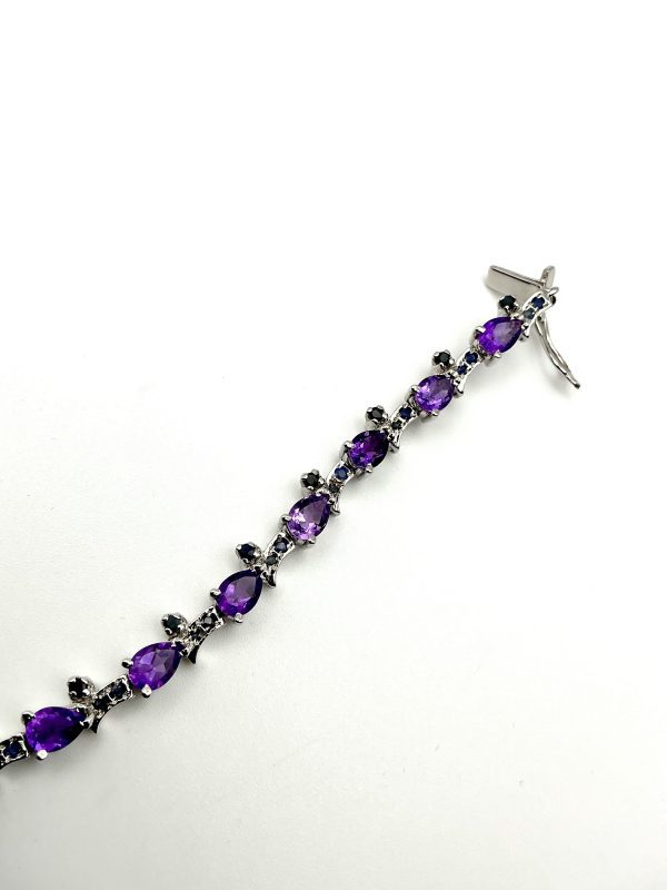 Sterling Silver Pear-Cut Amethyst & Sapphire Tennis Bracelet – 7” | 22.1g - Image 13