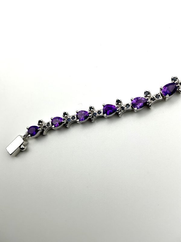 Sterling Silver Pear-Cut Amethyst & Sapphire Tennis Bracelet – 7” | 22.1g - Image 14