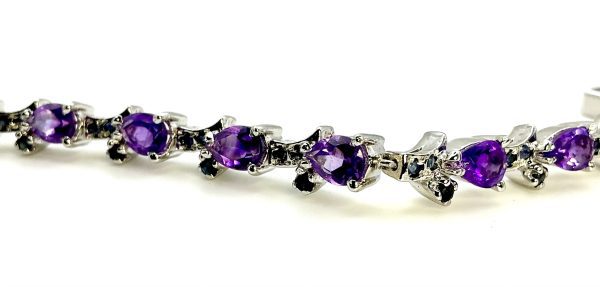 Sterling Silver Pear-Cut Amethyst & Sapphire Tennis Bracelet – 7” | 22.1g - Image 7