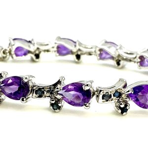 Sterling Silver Pear-Cut Amethyst & Sapphire Tennis Bracelet – 7” | 22.1g