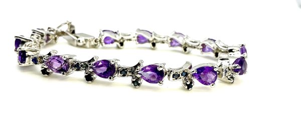 Sterling Silver Pear-Cut Amethyst & Sapphire Tennis Bracelet – 7” | 22.1g - Image 4