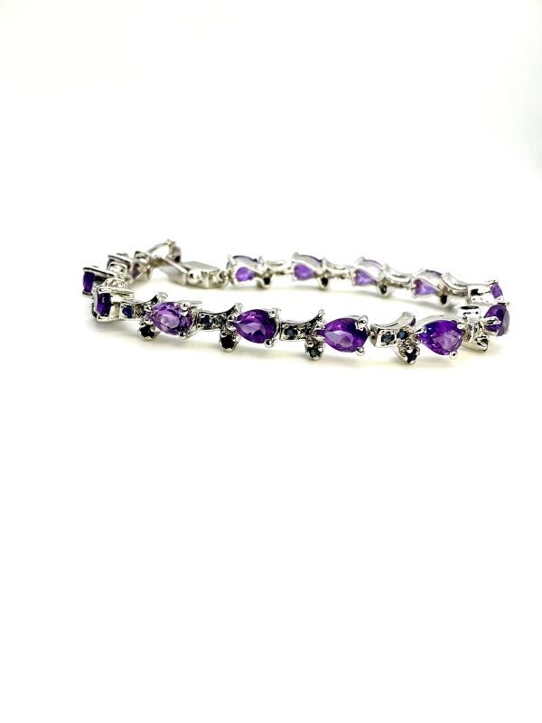 Sterling Silver Pear-Cut Amethyst & Sapphire Tennis Bracelet – 7” | 22.1g - Image 3