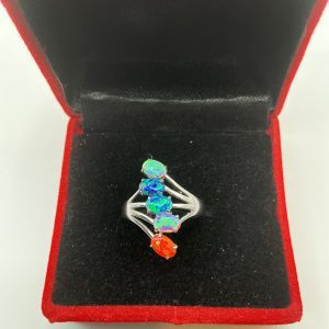 Luxury 925 Silver Rainbow Opal Ring – Five-Stone Fire & Ocean Opals – Size N/O