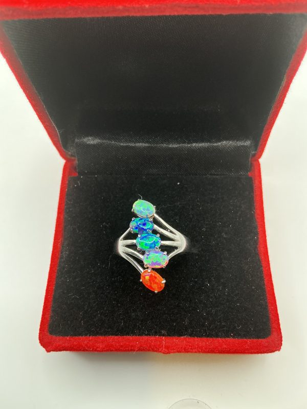 Luxury 925 Silver Rainbow Opal Ring – Five-Stone Fire & Ocean Opals – Size N/O