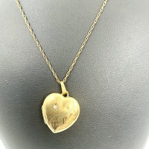 Vintage 1997 9ct Gold Heart Locket with White Sapphire & 24” Chain – Fully Hallmarked