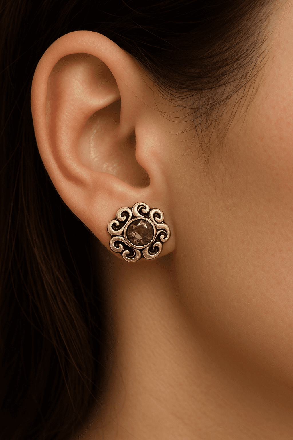 925 Sterling Silver Amethyst Stud Earrings – Ornate Vintage-Style Scroll Design – 2.67g