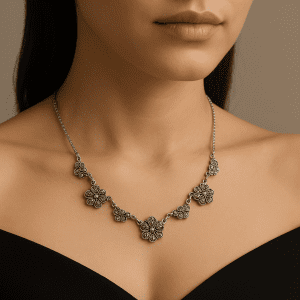 Vintage 925 Sterling Silver Marcasite Floral Necklace – 9.57g – 14.5 Inch