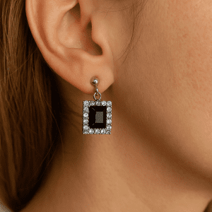 Vintage Style 925 Silver Black Stone Drop Earrings – 1.67g – Sparkling CZ Border – One Missing Stone