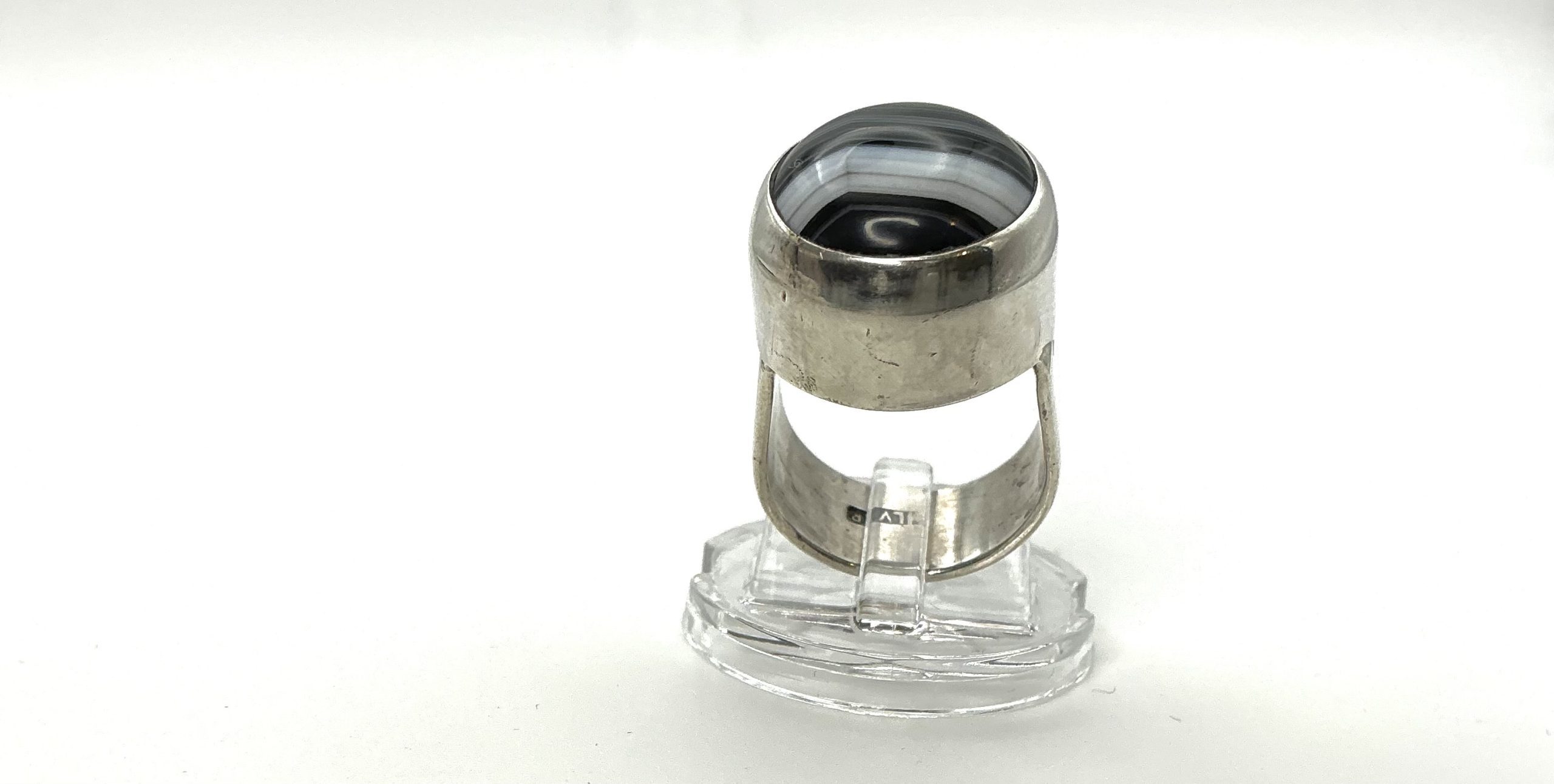 Vintage 925 Sterling Silver Statement Ring with Banded Agate – Size L/M – 10.87g - Image 6