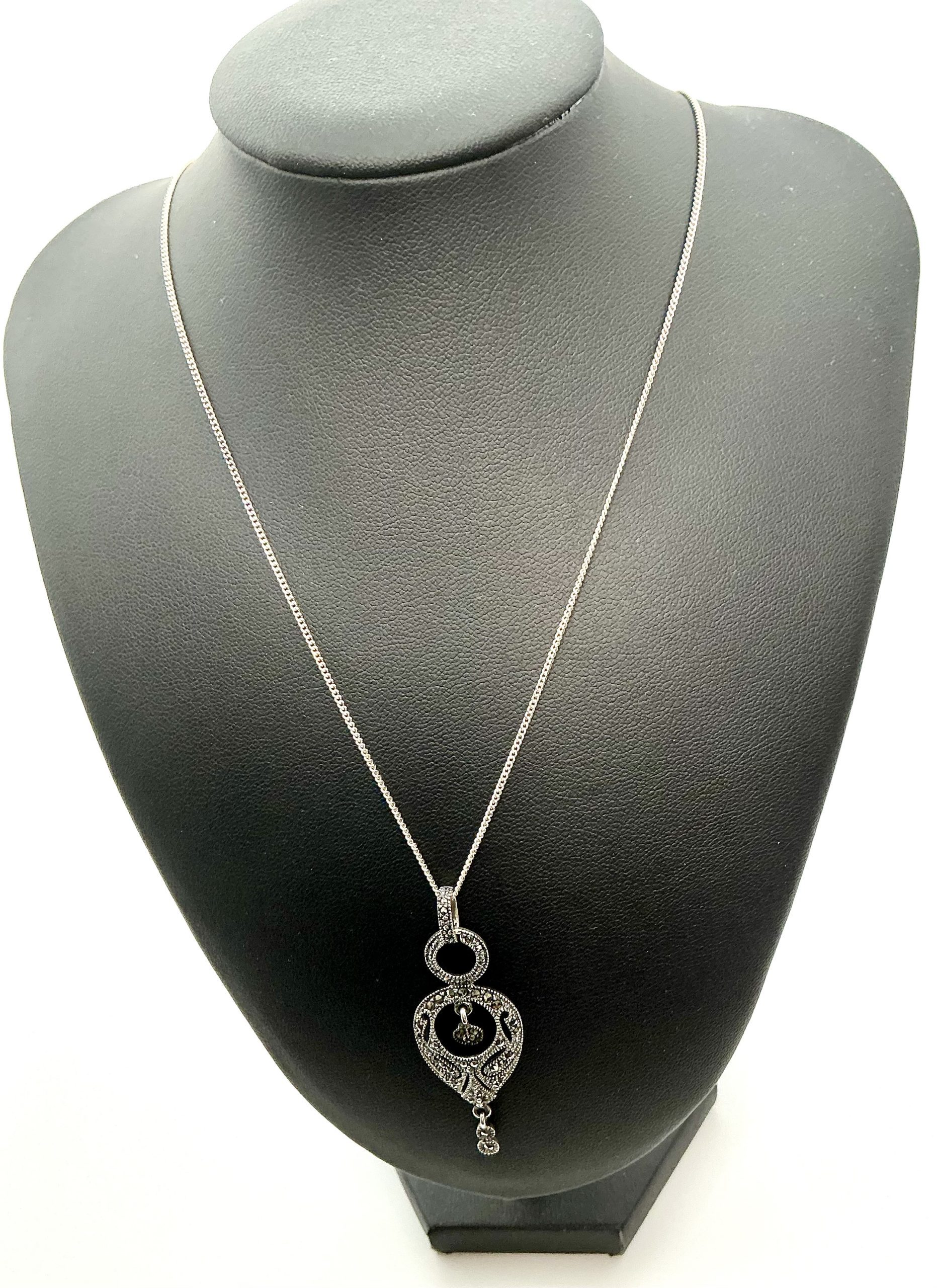Vintage 925 Sterling Silver Marcasite Pendant Necklace – 18" Chain – 5.74g - Image 6
