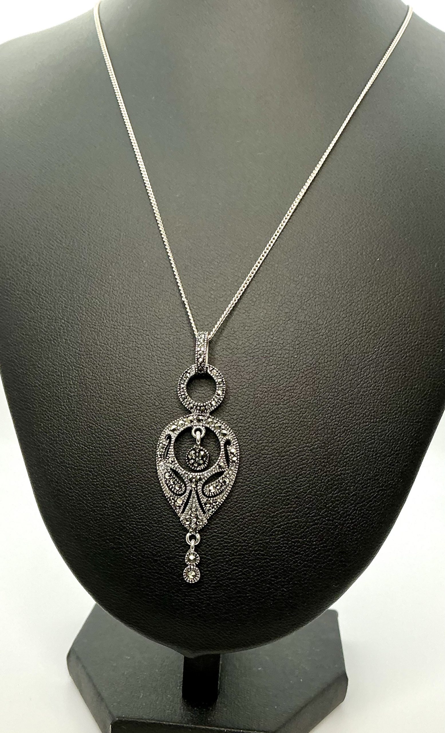 Vintage 925 Sterling Silver Marcasite Pendant Necklace – 18" Chain – 5.74g - Image 5