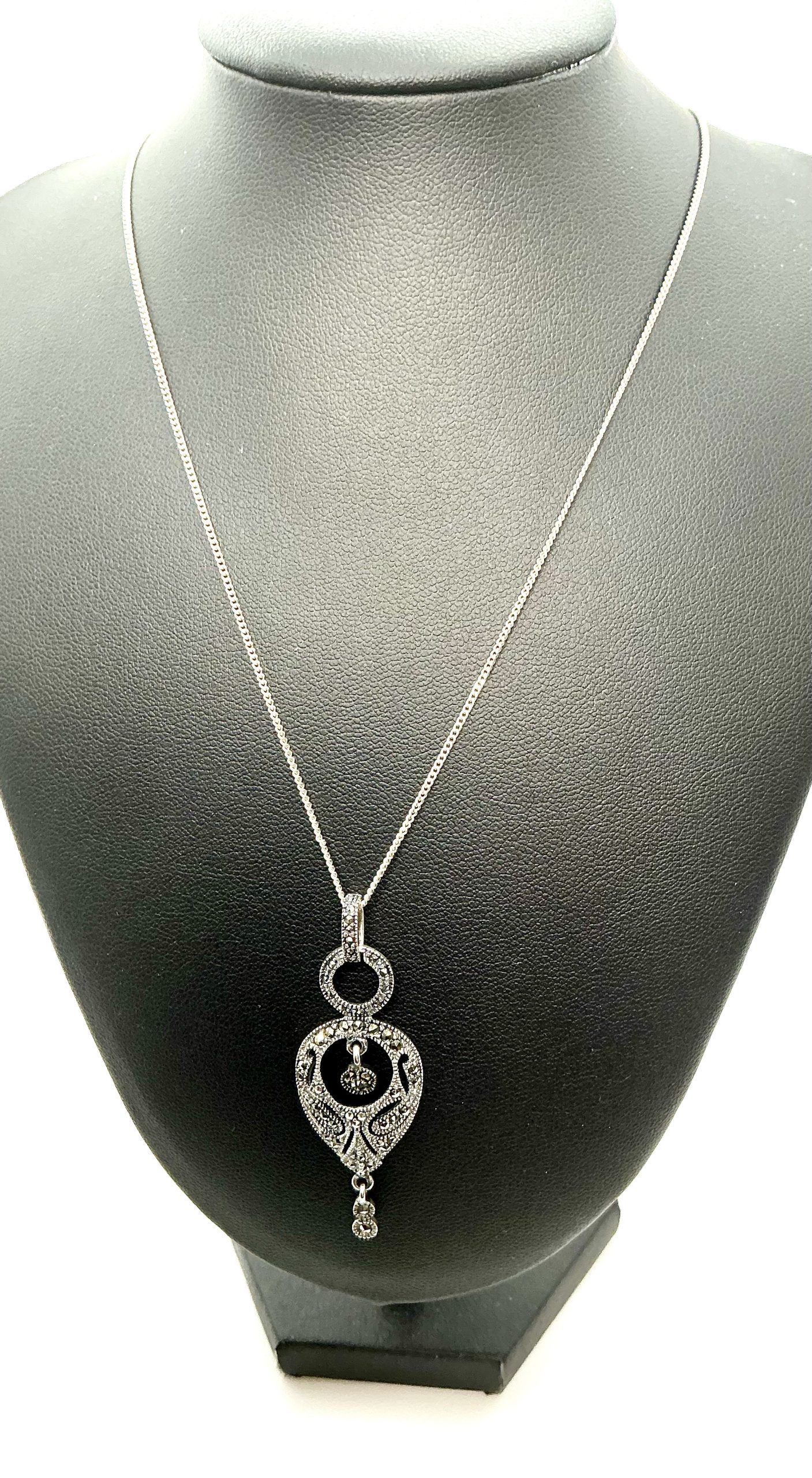 Vintage 925 Sterling Silver Marcasite Pendant Necklace – 18" Chain – 5.74g - Image 4