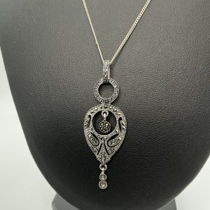Vintage 925 Sterling Silver Marcasite Pendant Necklace – 18" Chain – 5.74g