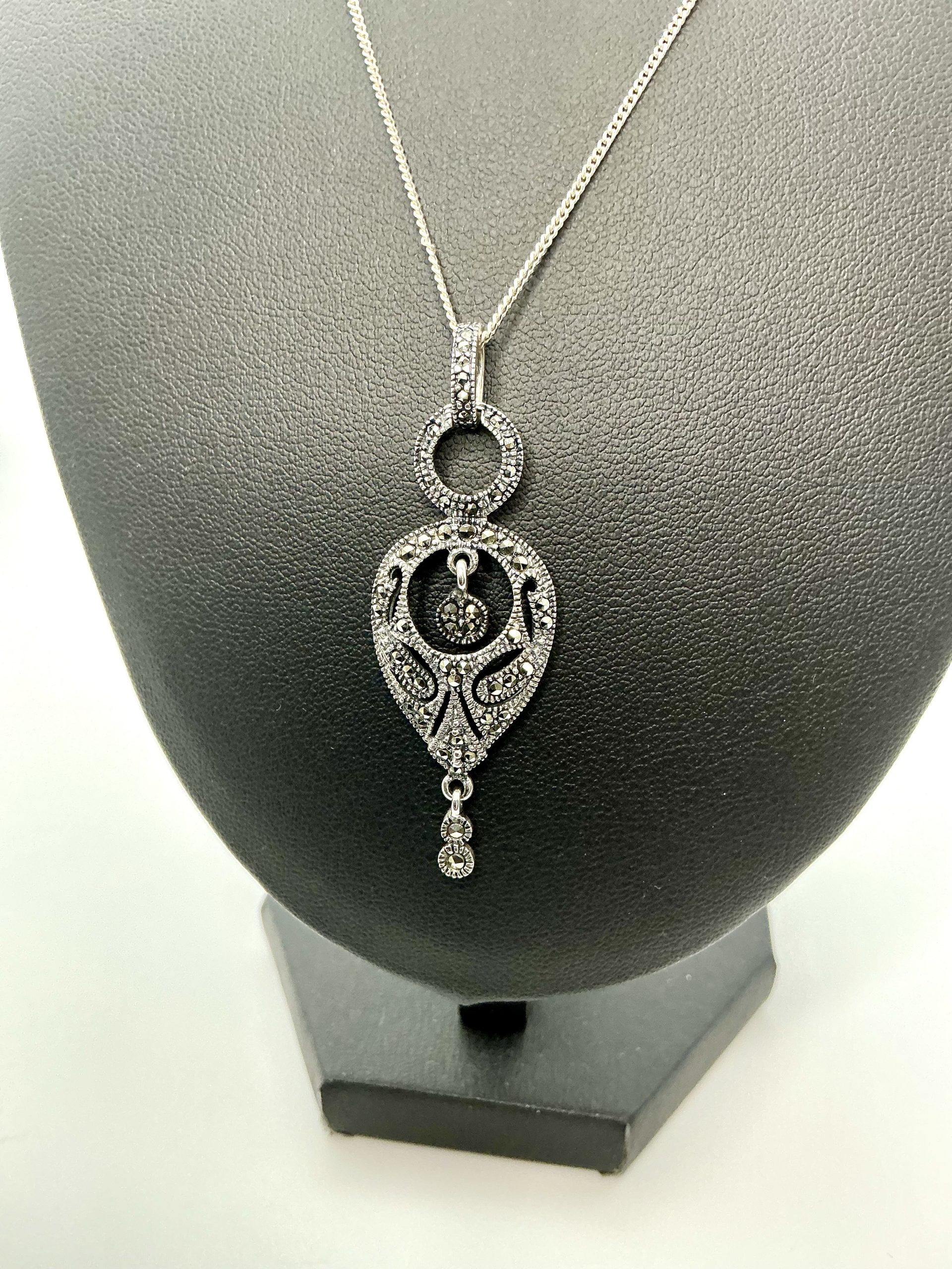 Vintage 925 Sterling Silver Marcasite Pendant Necklace – 18" Chain – 5.74g - Image 2