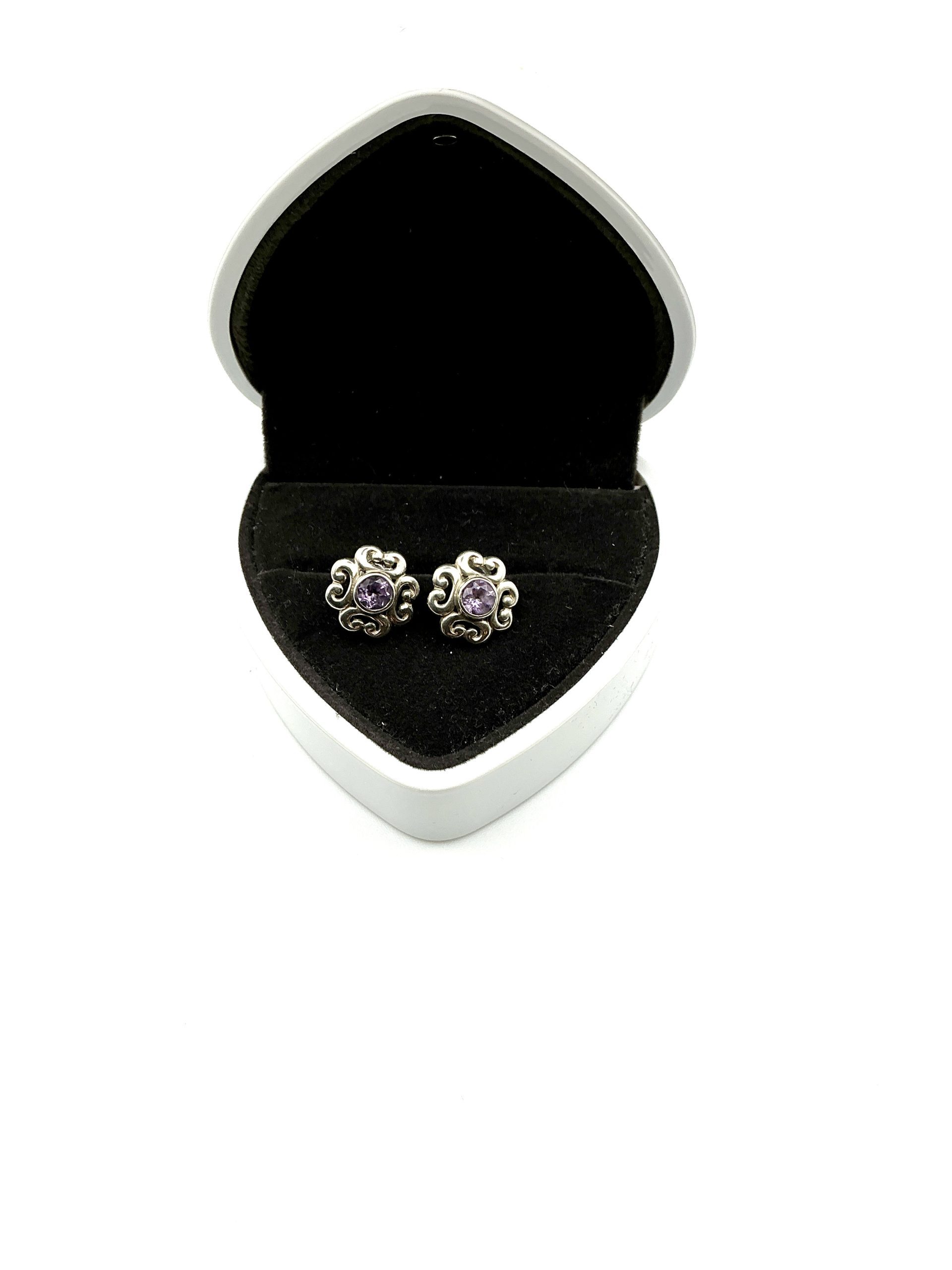 925 Sterling Silver Amethyst Stud Earrings – Ornate Vintage-Style Scroll Design – 2.67g - Image 2