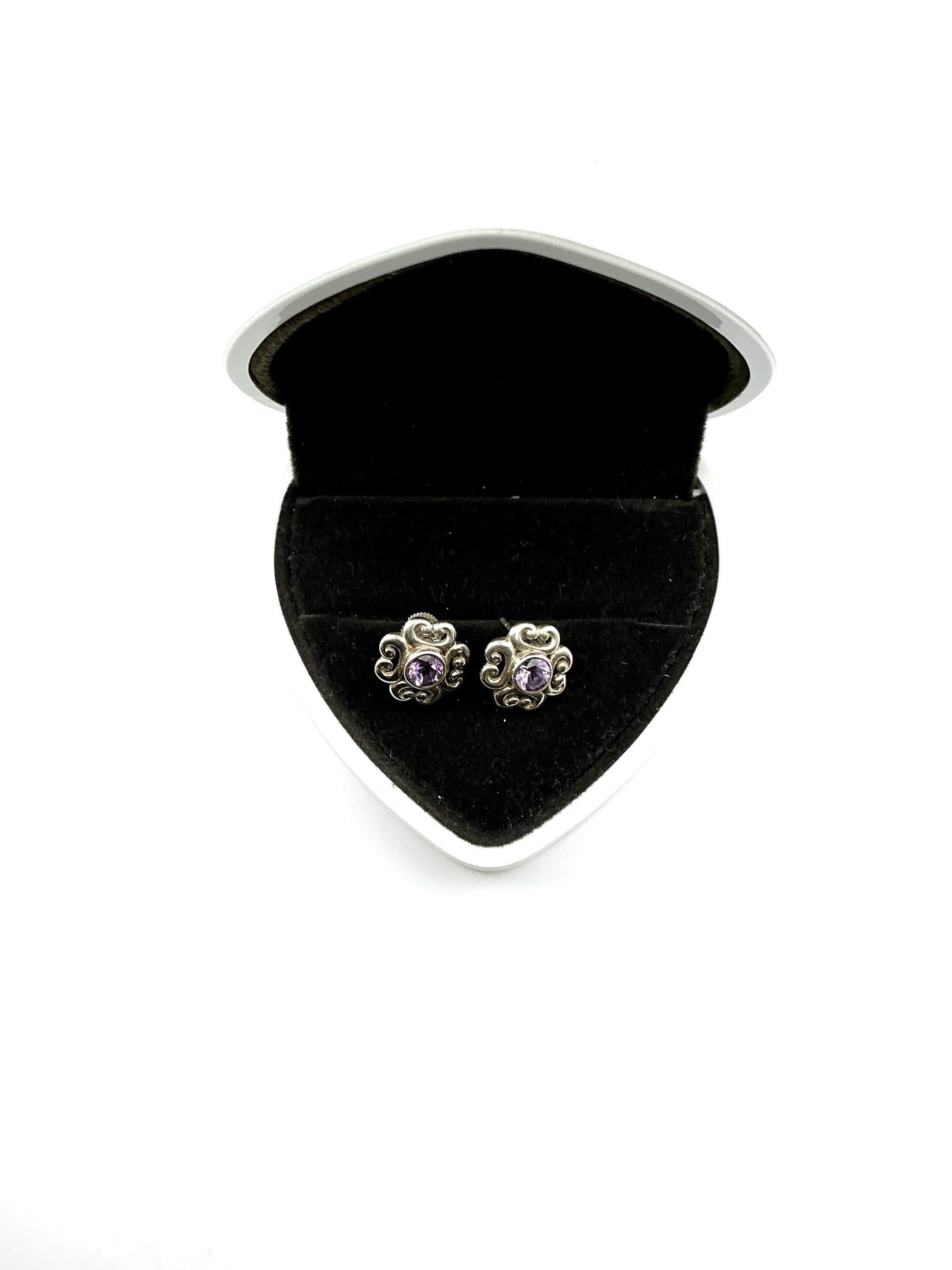 925 Sterling Silver Amethyst Stud Earrings – Ornate Vintage-Style Scroll Design – 2.67g - Image 5