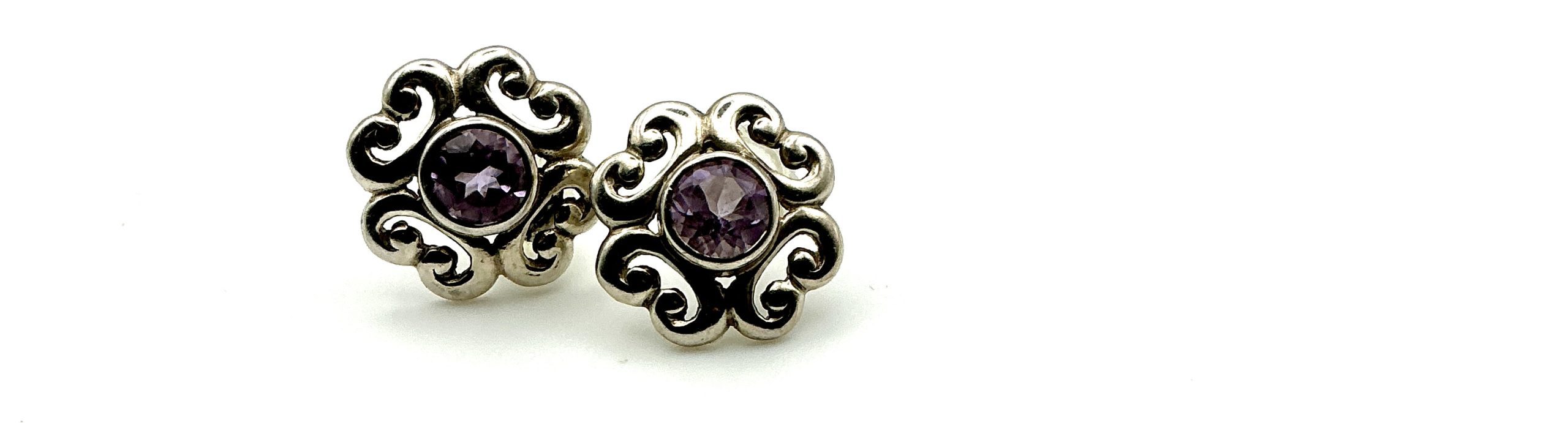 925 Sterling Silver Amethyst Stud Earrings – Ornate Vintage-Style Scroll Design – 2.67g - Image 3