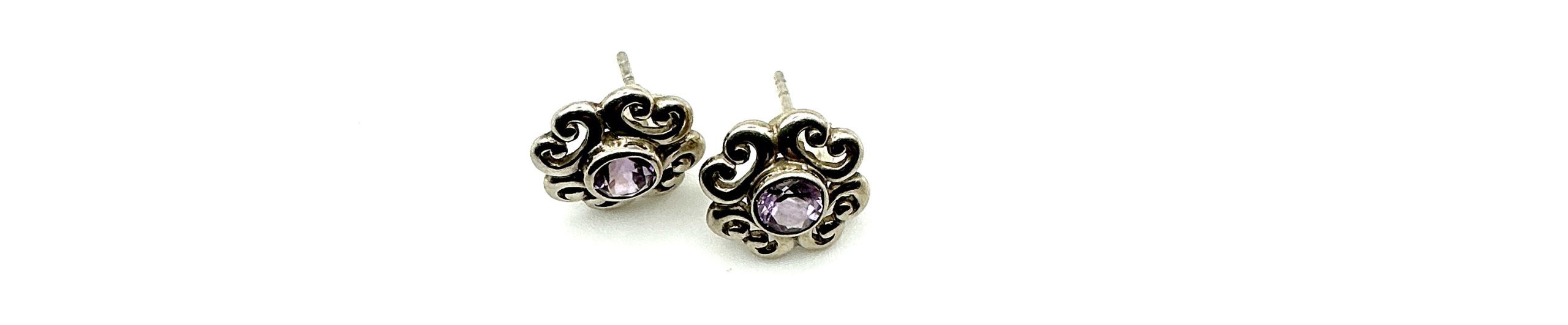 925 Sterling Silver Amethyst Stud Earrings – Ornate Vintage-Style Scroll Design – 2.67g - Image 6