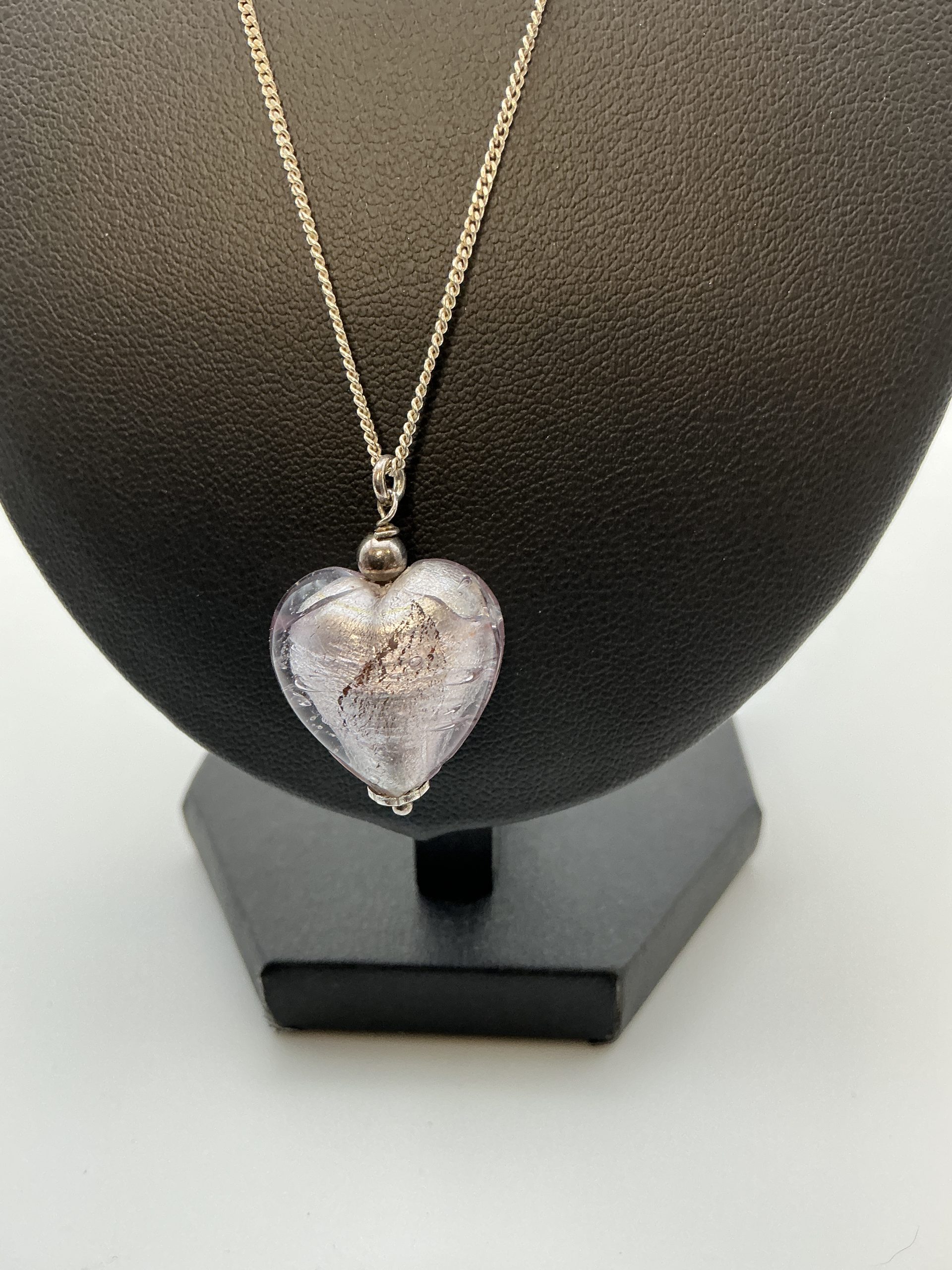 925 Sterling Silver Pink Murano-Style Heart Pendant Necklace – 16 Inch – 7.07g - Image 4